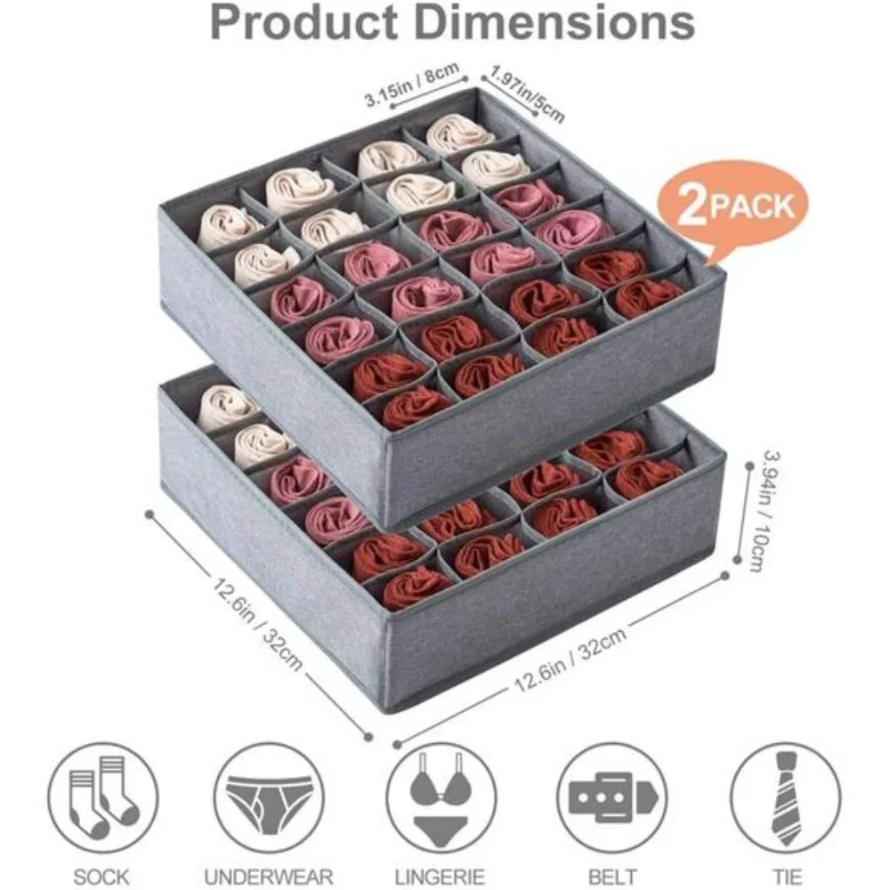 2 Pack Socks Underwear Drawer Organizer Divider, 24 Cell or 16 Cell Collapsible